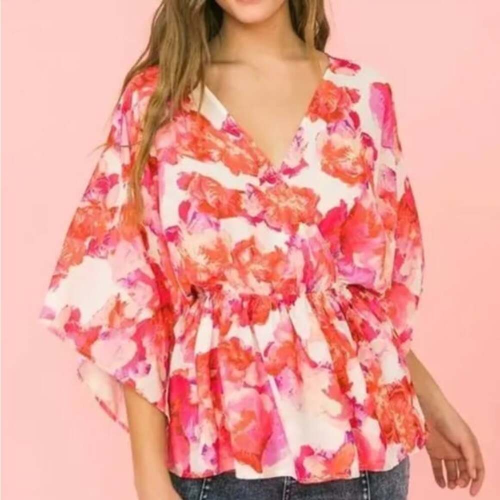 Flying Tomato Lipstick Floral Chiffon Kimono Sleeve Pink, Orange Blouse - Picture 1 of 7